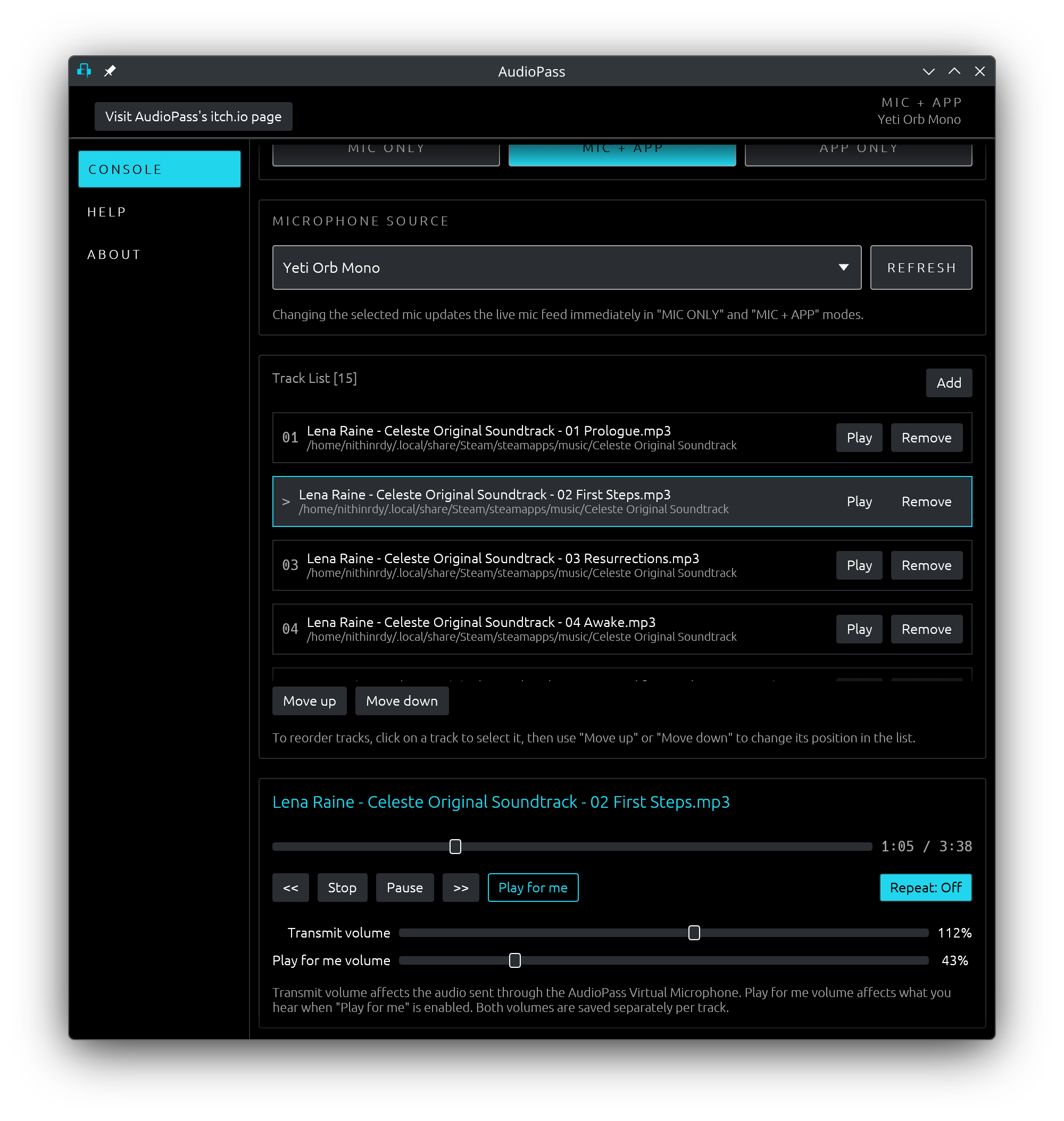 AudioPass Linux desktop app showing output mode selection, microphone source, track list, playback controls, and volume sliders.
